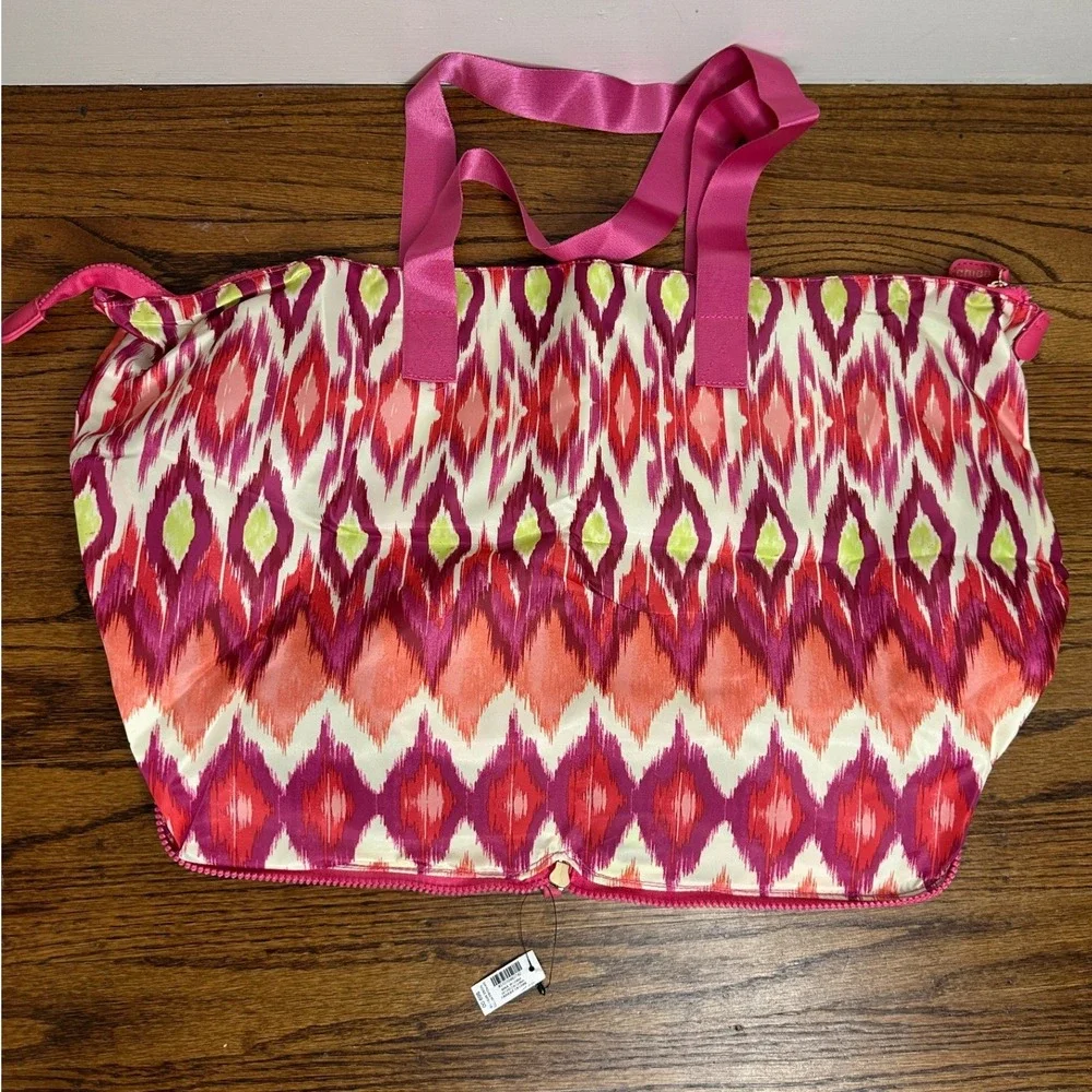 Chicos Packable Tote Bag Ikat Pink Orange Geometric Foldable Travel Purse NWT